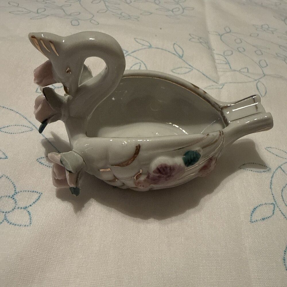 Vintage Ceramic Swan Trinket Dish With Capodimonte Flowers
